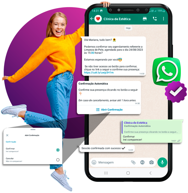 garota com um celular gigante mostrando conversa de whatsapp
